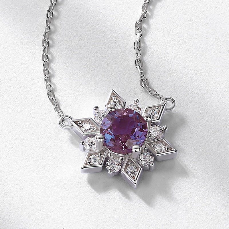 Synthetic Alexandrite Stone Snowflake Pendant Zircon Sterling Silver Necklace