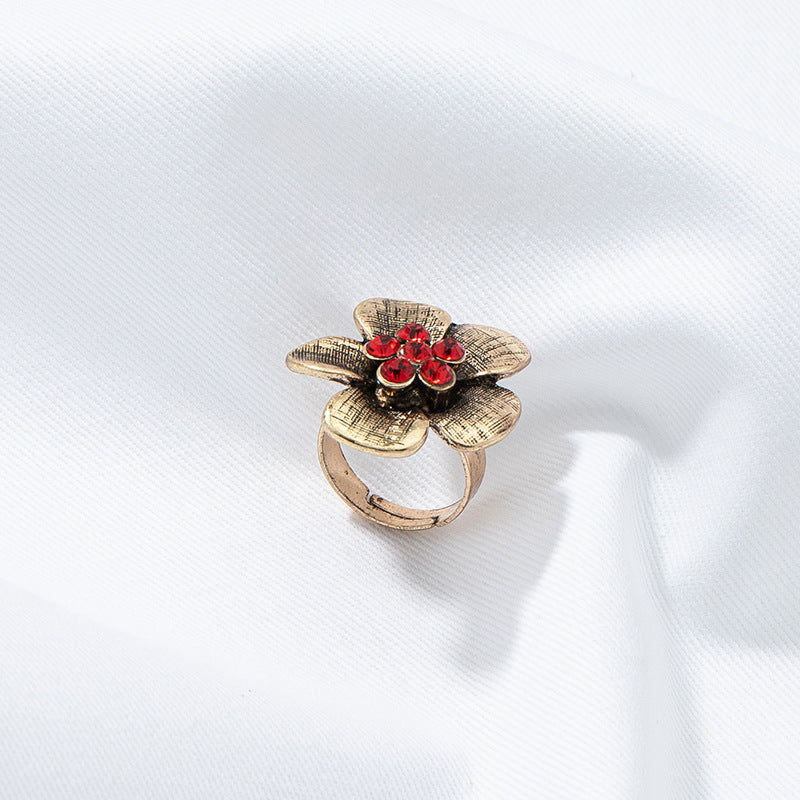 Vintage Zircon Flower Ring with Handmade Cross-border Charm