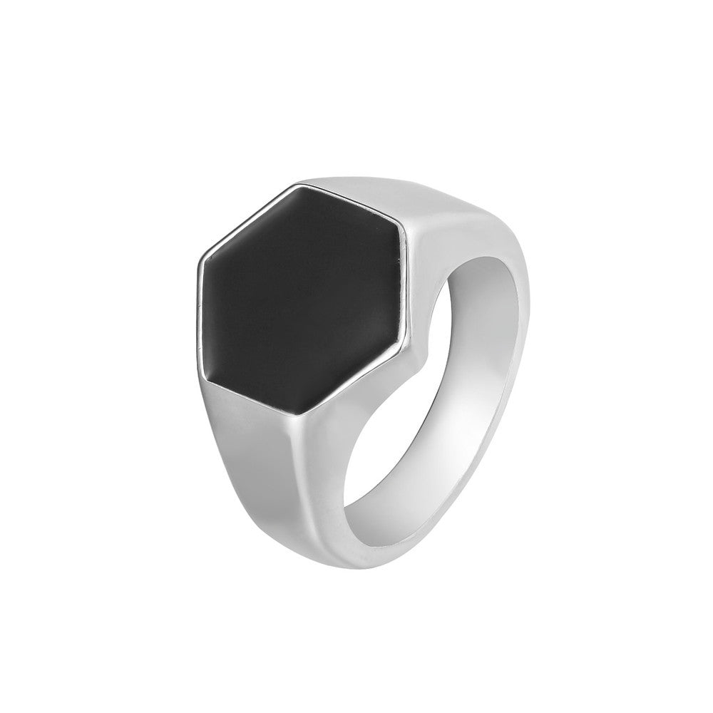 Stylish Stainless Steel Men's Ring with Hexagonal Black Drip Design