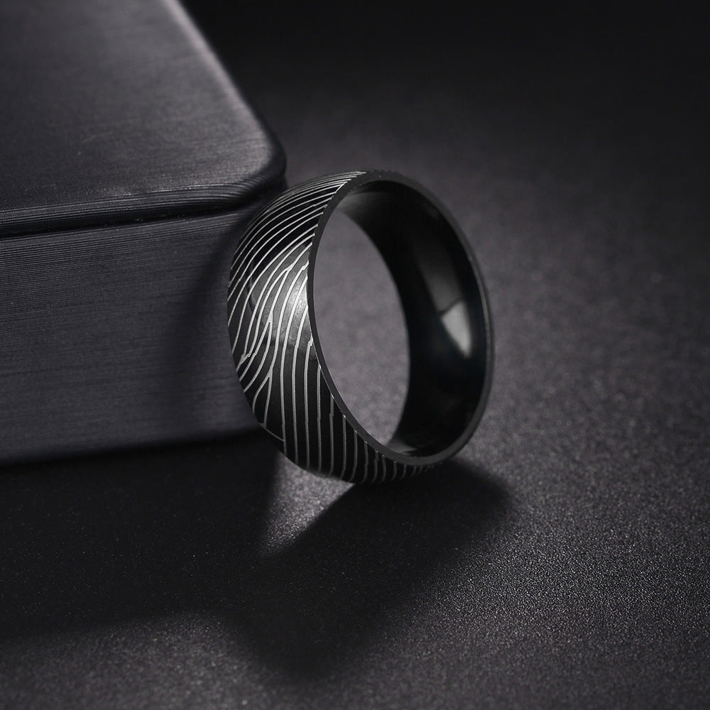 Titanium Steel Men's Ring with Annual Ring Pattern - Planderful Collection