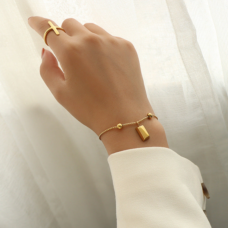 Adjustable Gold Brick Steel Ball Bracelet with Titanium Steel Plating