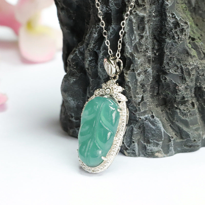 Icy Blue Green Leaf Jade Pendant with Zircon Necklace in Sterling Silver