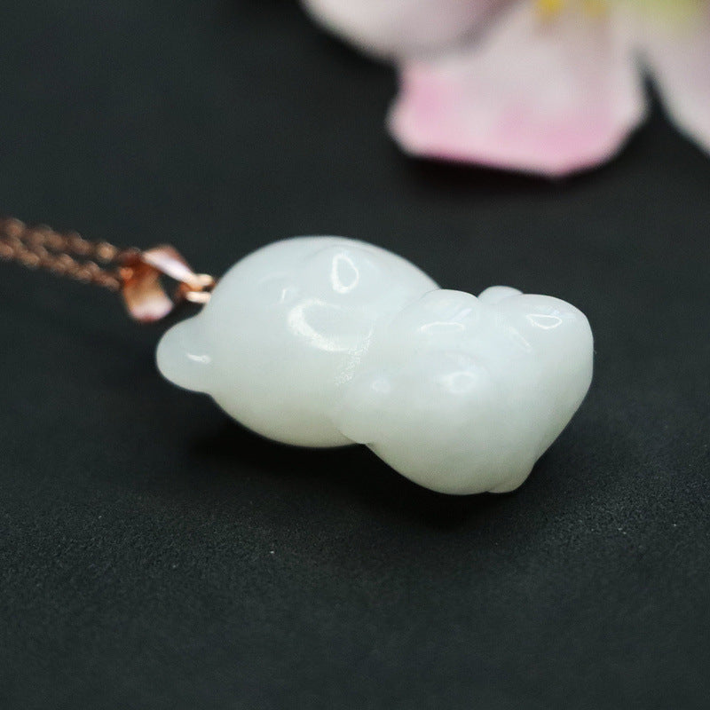 White Jade Bear Necklace with Sterling Silver Chain