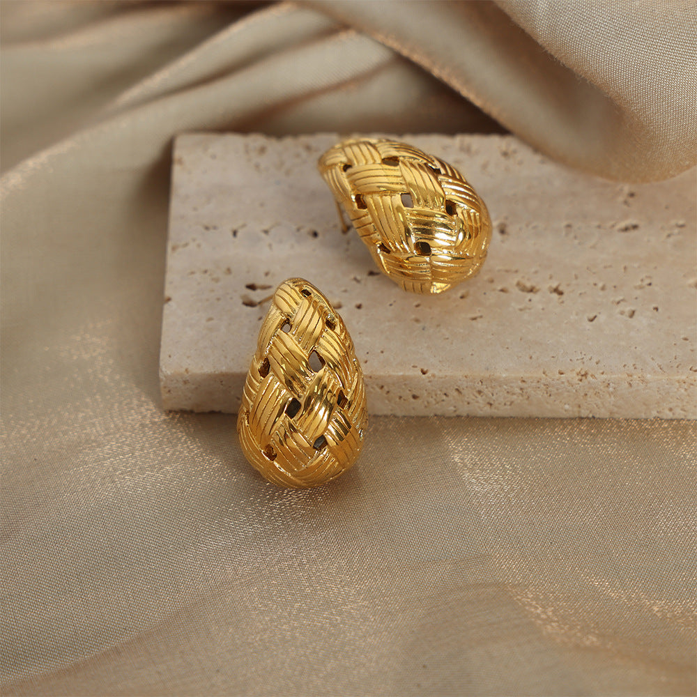 Titanium Gold-Plated Woven Drop-Shaped Hollow Earrings with Personalized Touch