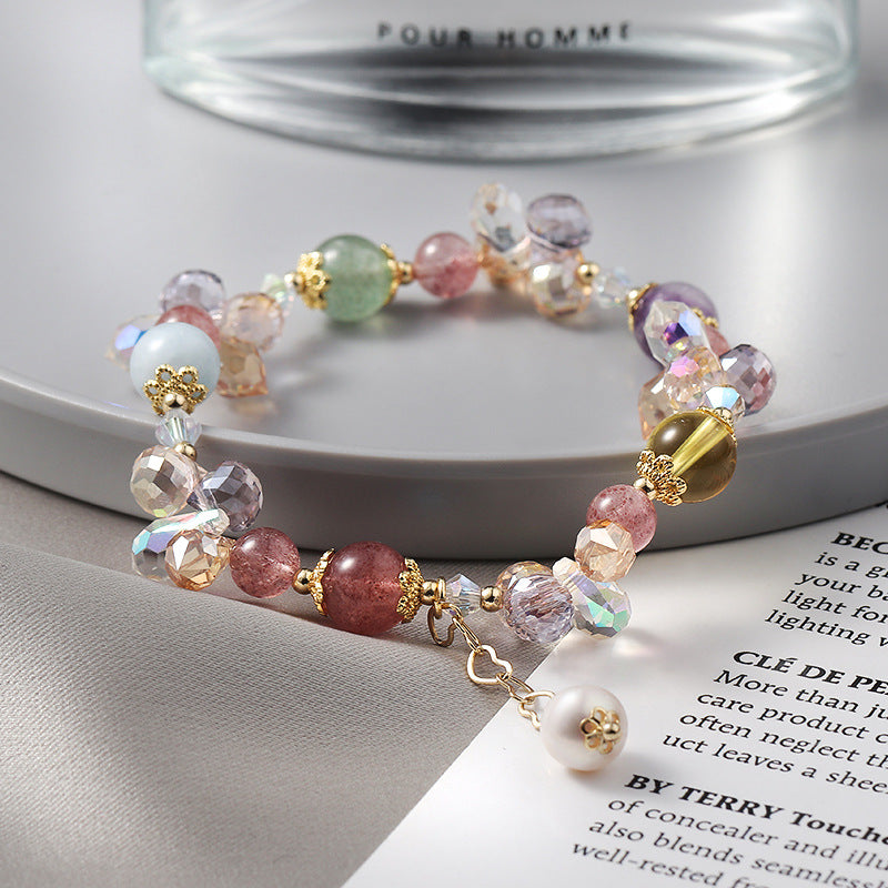 Fortune's Favor Sterling Silver Crystal Bracelet with Strawberry and Sea Blue Crystals and Freshwater Pearls