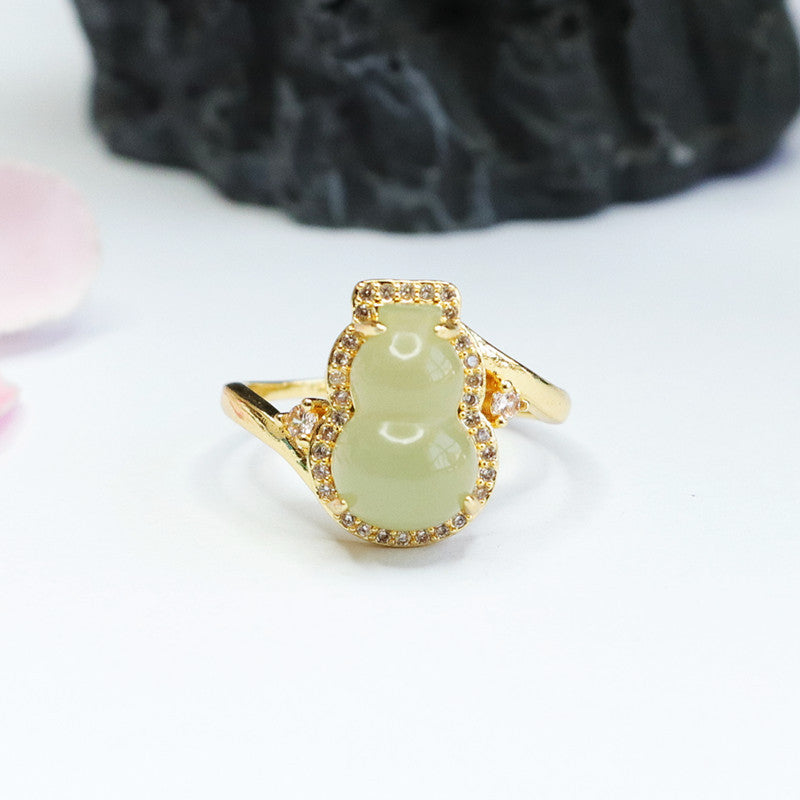 Elegant Hotan Jade Gourd Zircon Ring Jewelry