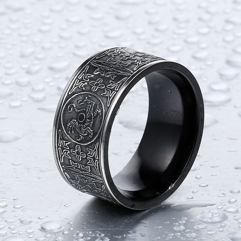 Custom Black Titanium Steel Men's Ring - Ethnic Design of the Four Divine Beasts