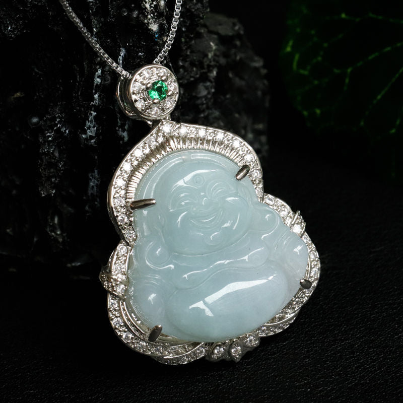 Buddha Jade Zircon Necklace with Sterling Silver Pendant