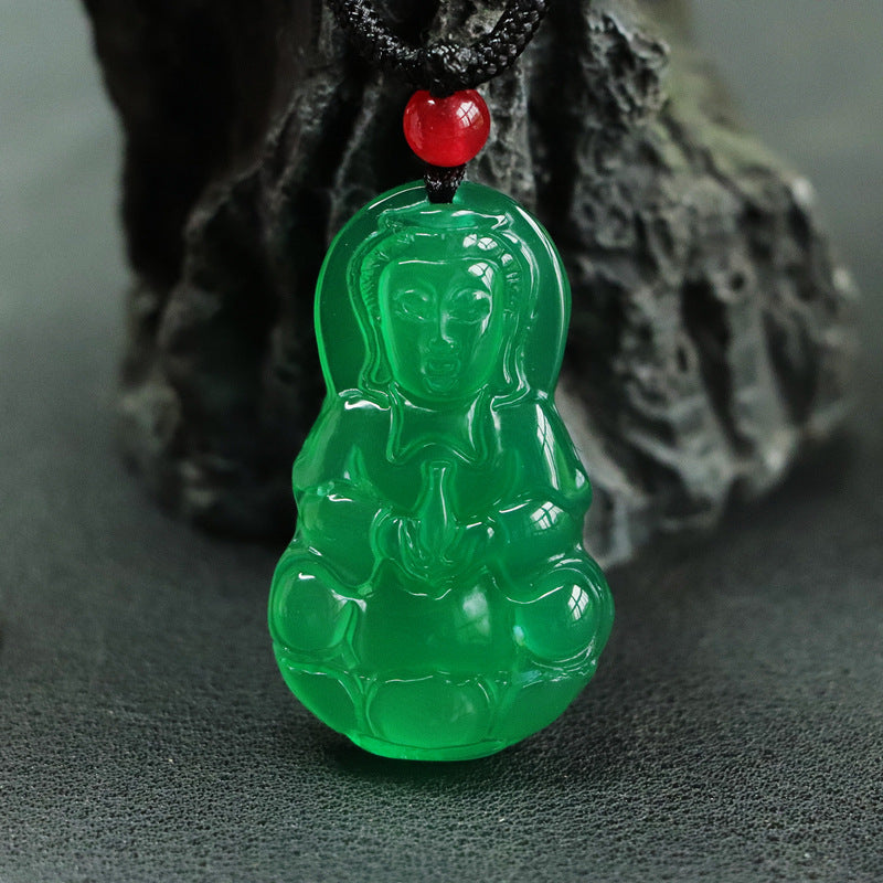 Natural Green Jade Chalcedony Guanyin Pendant Jewelry