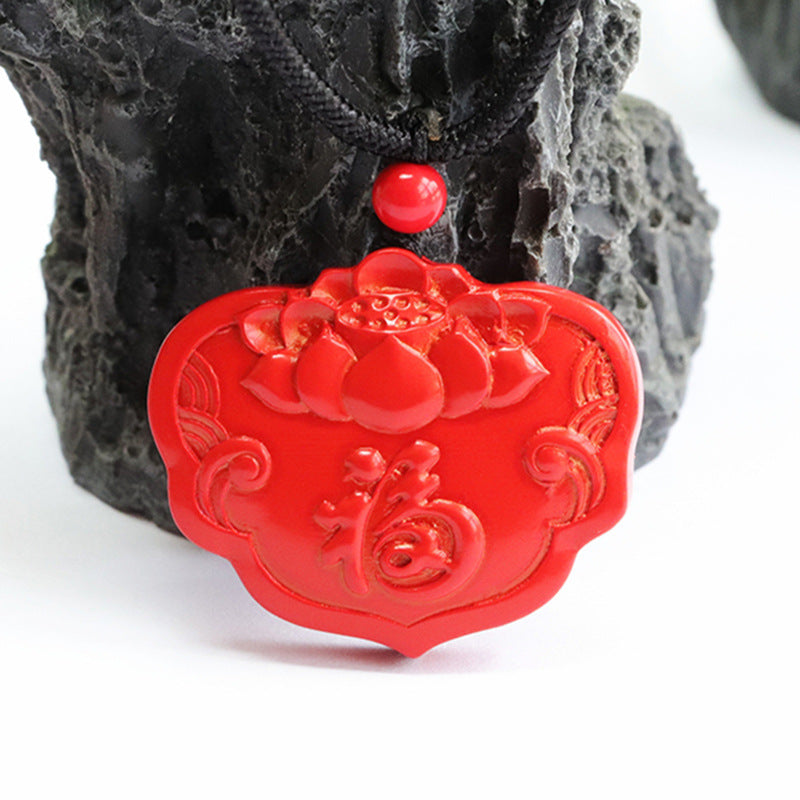 Red Sand Cinnabar Lotus Ruyi Sterling Silver Pendant