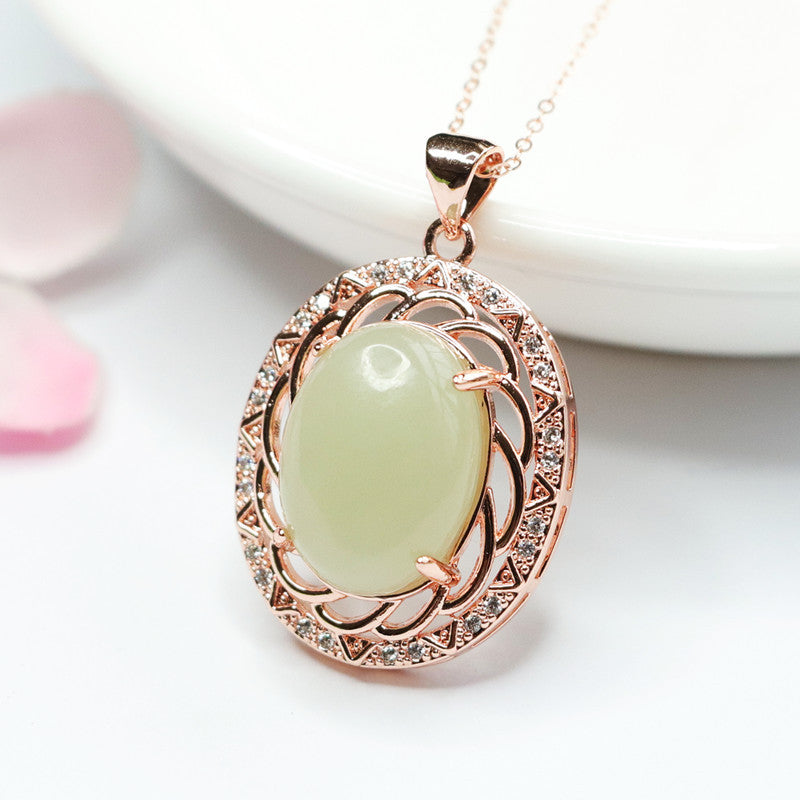 Hollow Flower Zircon Sterling Silver Necklace with Natural Hetian Jade