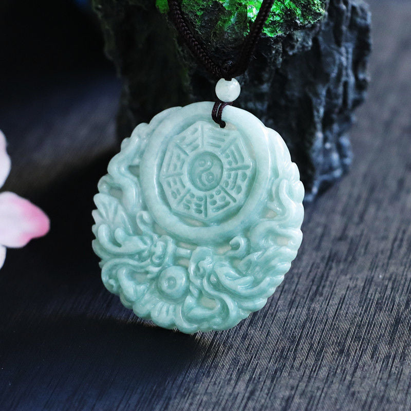 Jade Double Dragon Bagua Pendant Necklace with Fortune's Favor