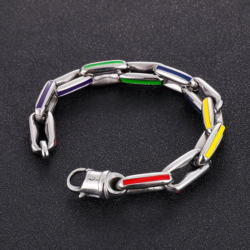 Hip-Hop Inspired Spliced Hollow Colorful Bracelet for Men - European & American Titanium Steel Square Cuban Chain