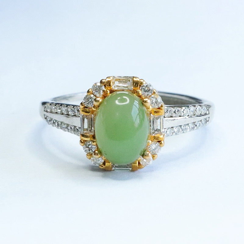 Sparkling Zircon Hotan Jade Jasper Egg Silver Ring