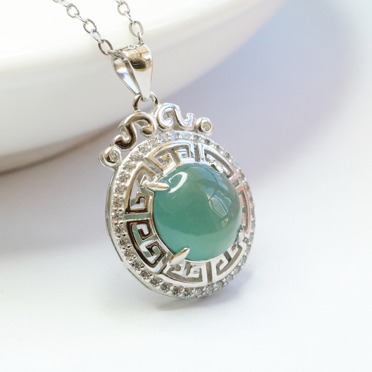 Sterling Silver Necklace with Natural Jade Beads and Hollow Circle Pendant