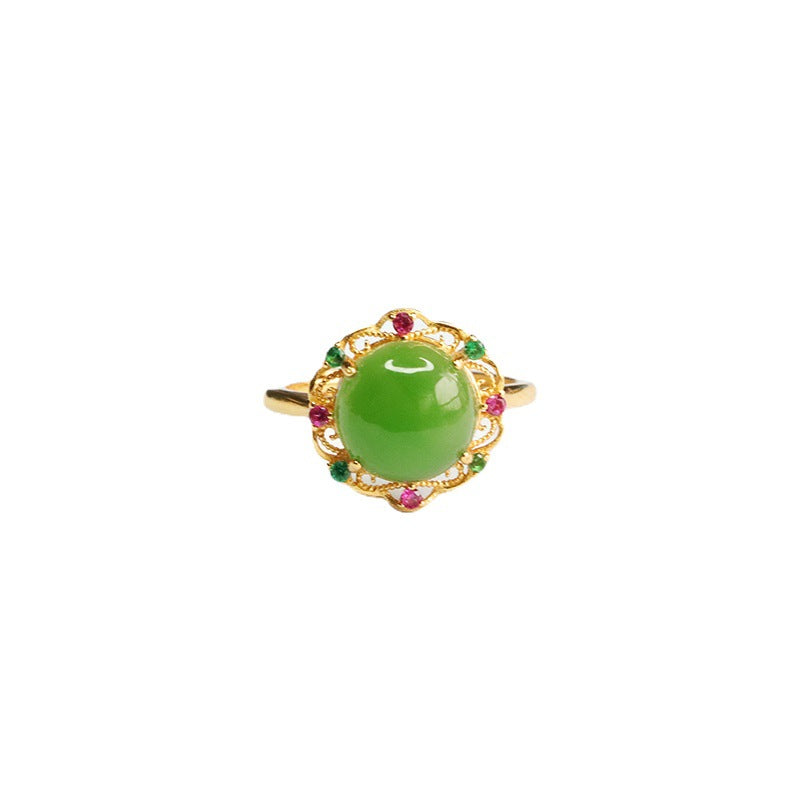 Sterling Silver Adjustable Green Jasper Hollow Flower Ring with Natural Hetian Jade and Zircon