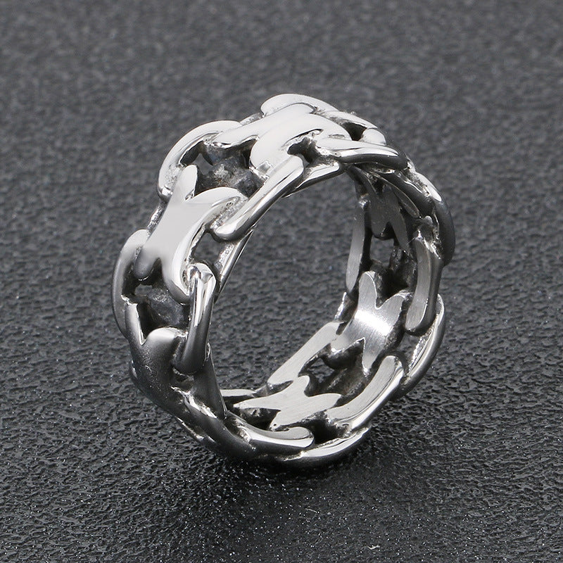 Stylish X-Shaped Hollow Titanium Steel Ring for Men - Trendy European and American Design