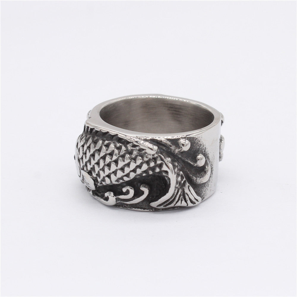 Double Koi Carp Relief Titanium Steel Ring for Men