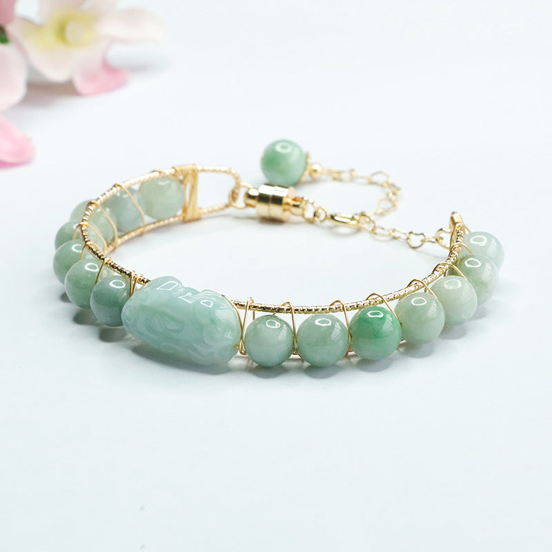 Jade Pixiu Sterling Silver Bracelet with Natural A-grade Jade Ball