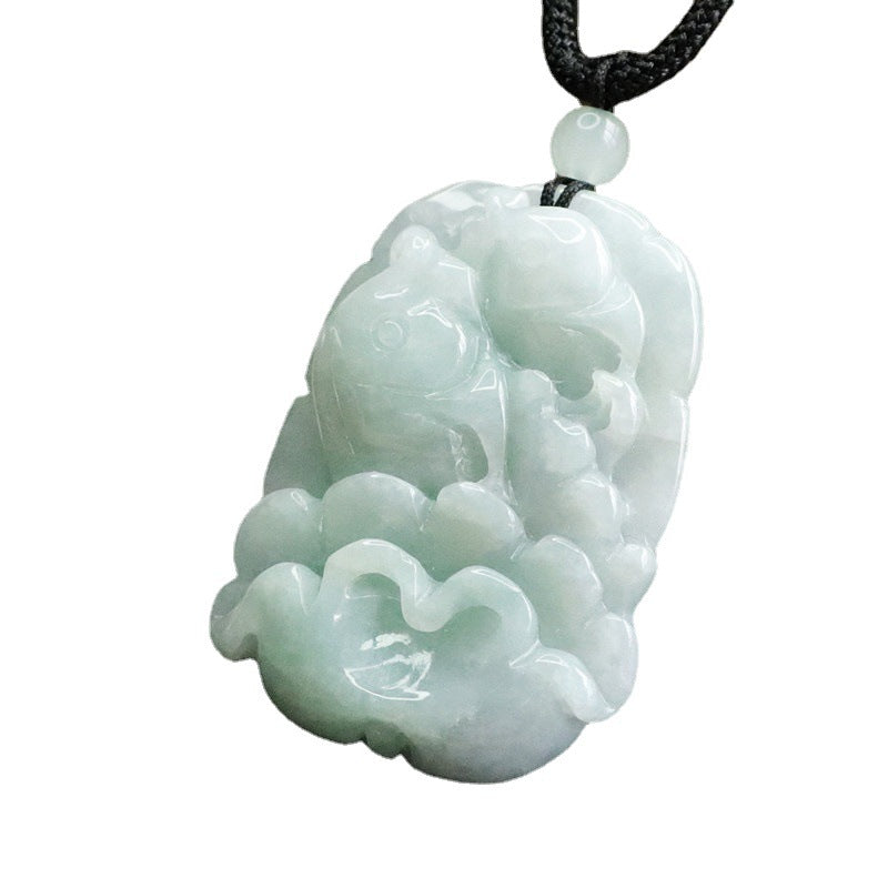 Fortunate Fish Lotus Leaf Myanmar Jade Pendant