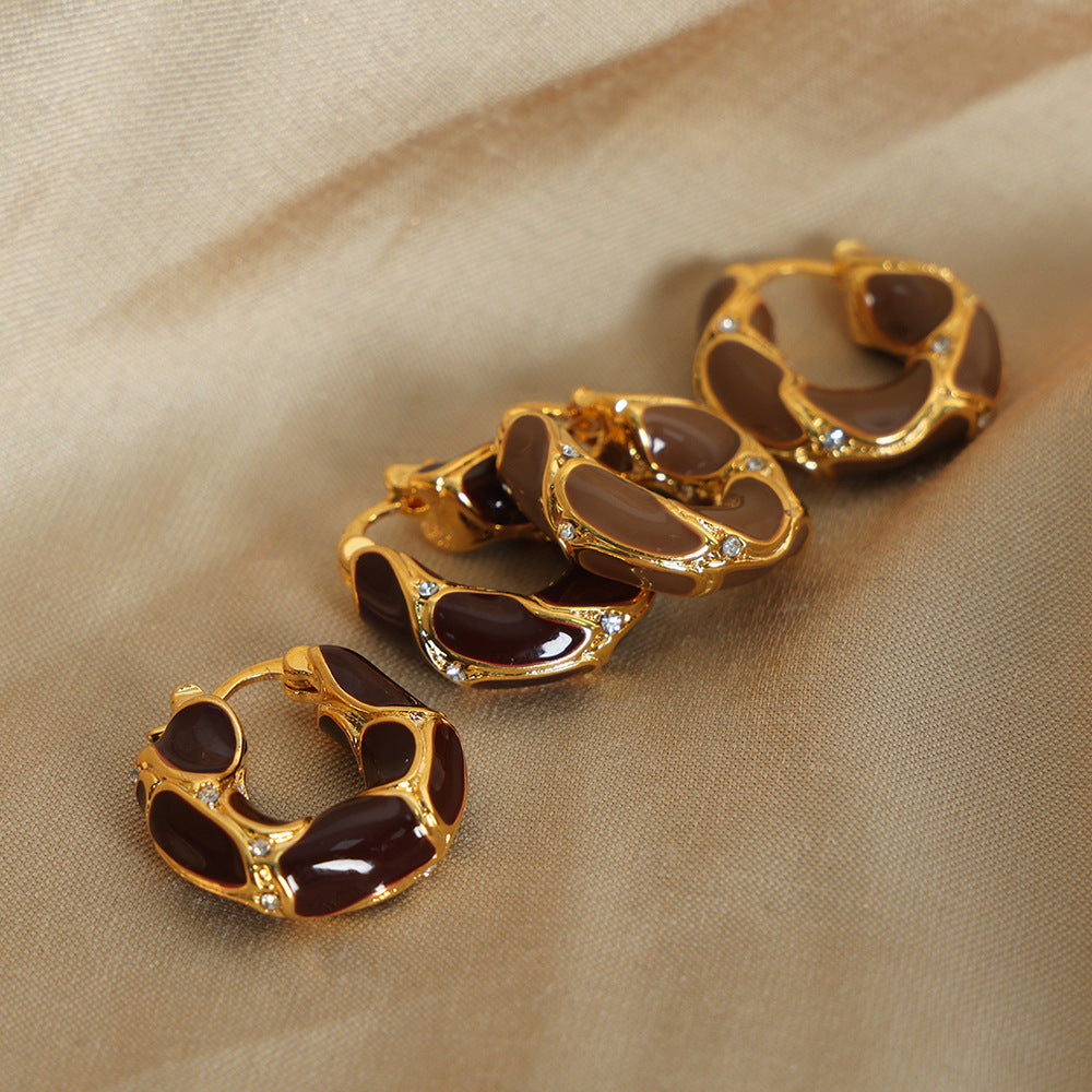 Geometric U-Shaped Copper Earrings with Zircons and Enamel Glaze