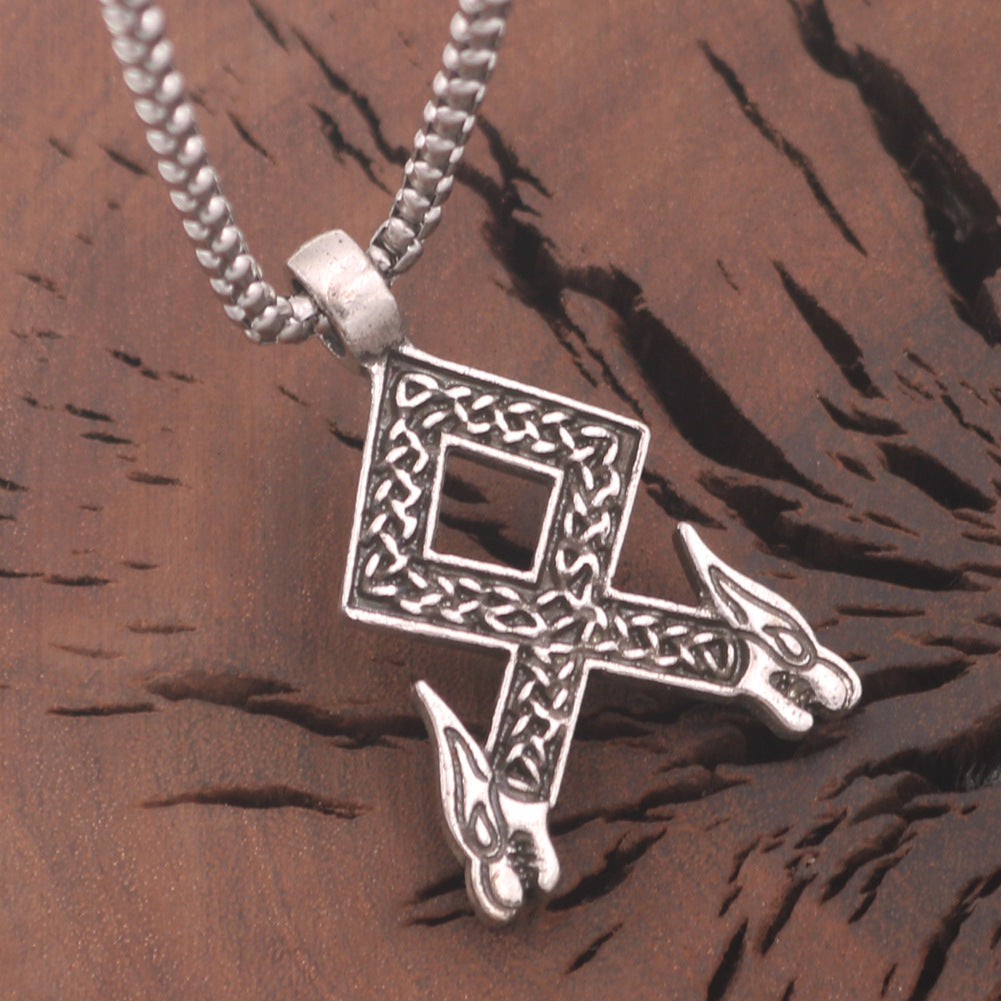 Nordic Wolf Head Rune Necklace with Titanium Steel Box Chain for Men