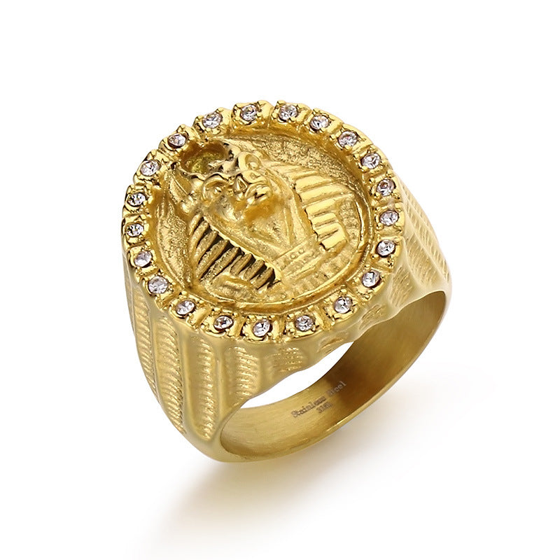 Retro Egyptian Sphinx-Inspired Zircon-Studded Men's Ring in Stainless Steel - Punk Jewelry for Modern Trends