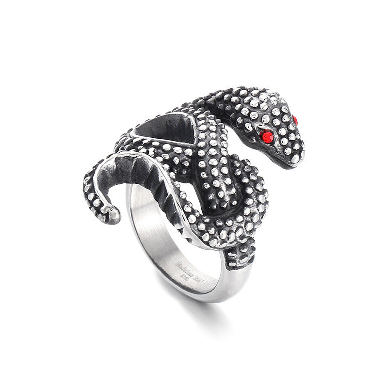 Retro Snake Design Men's Titanium Steel Ring with Red Eyes - Exaggerated Winding Style