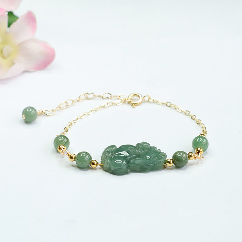 Myanmar Jade Pixiu Sterling Silver Bracelet