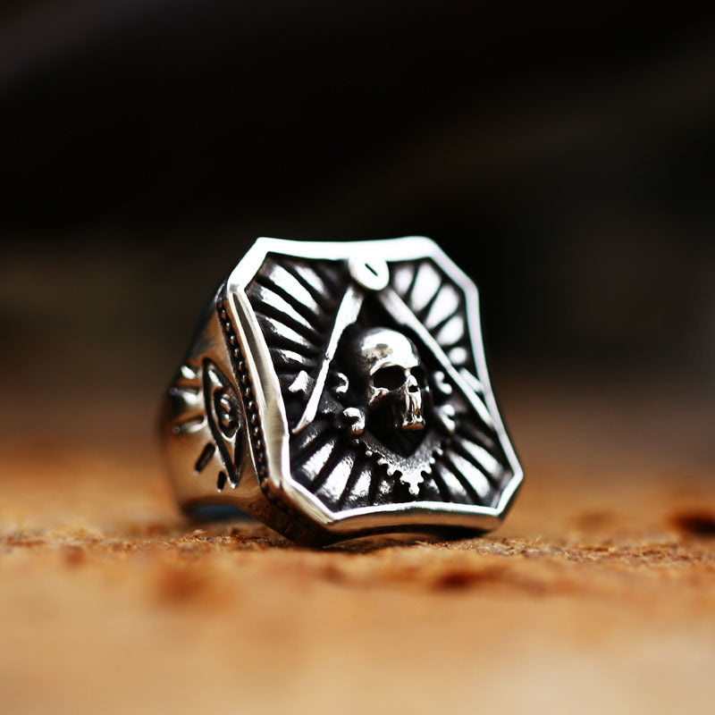 Punk-Inspired Retro Masonic Skull Titanium Steel Ring for Men