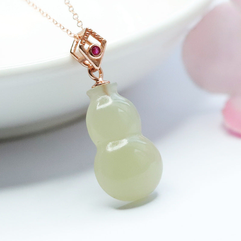 Fortune's Favor S925 Sterling Silver Gourd and Rhombus Jade with Zircon Necklace