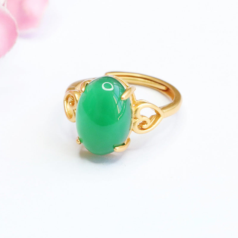 Green Chalcedony Sterling Silver Retro Hollow Ring