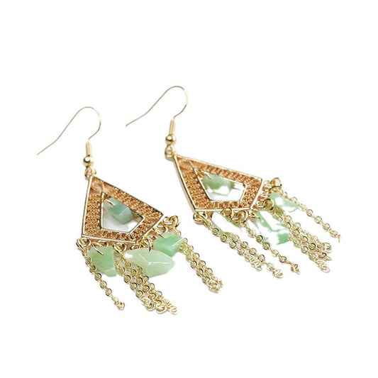 Geometric Irregular Tassel Sterling Silver Jade Earrings