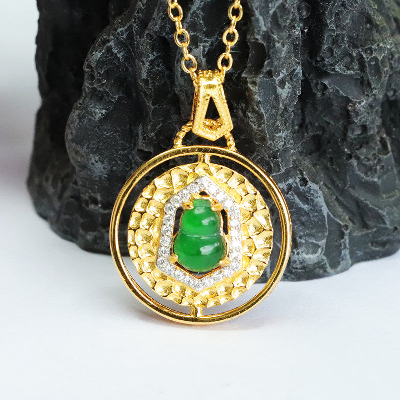 Emperor Green Jade Gourd Sterling Silver Pendant Necklace