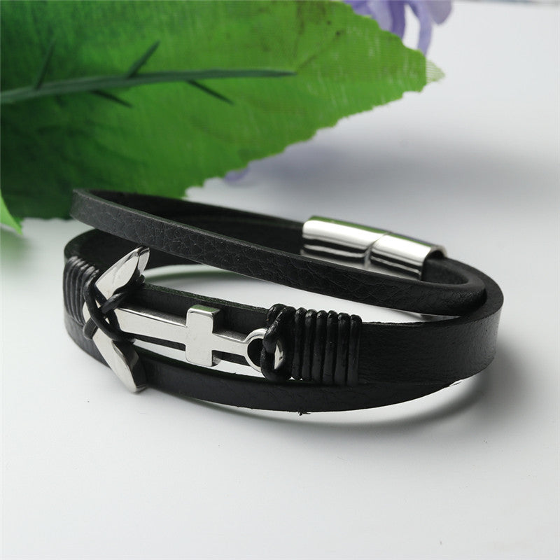 Men's Personalized Titanium Steel Hollow Cross Leather Bracelet - Stylish Punk Woven Hook Design