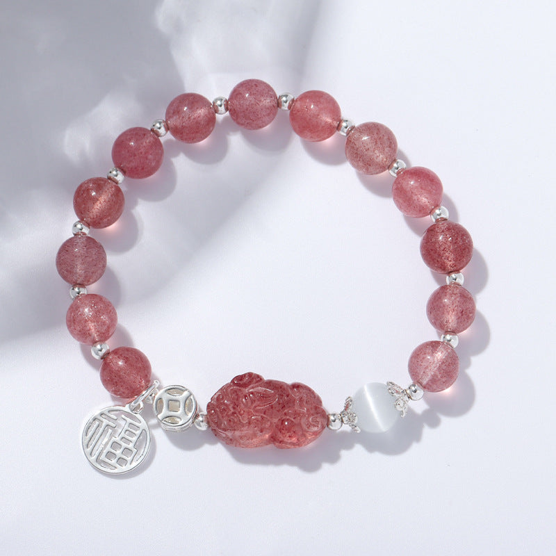 Luxurious Sterling Silver Pixiu Crystal Bracelet with Natural Strawberry Crystal Layers