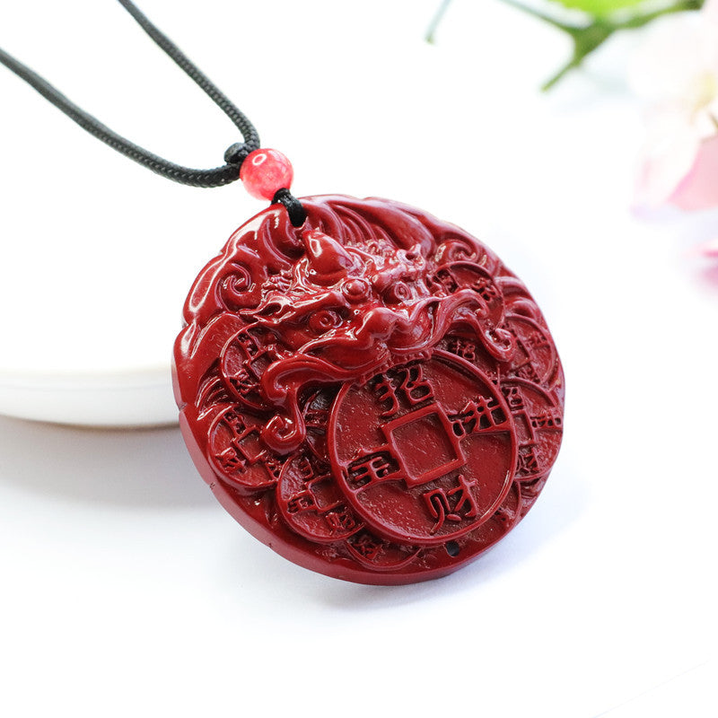 Fortune's Favor Cinnabar Stone and Pixiu Pendant with Swallowing Gold Beast Oval Design