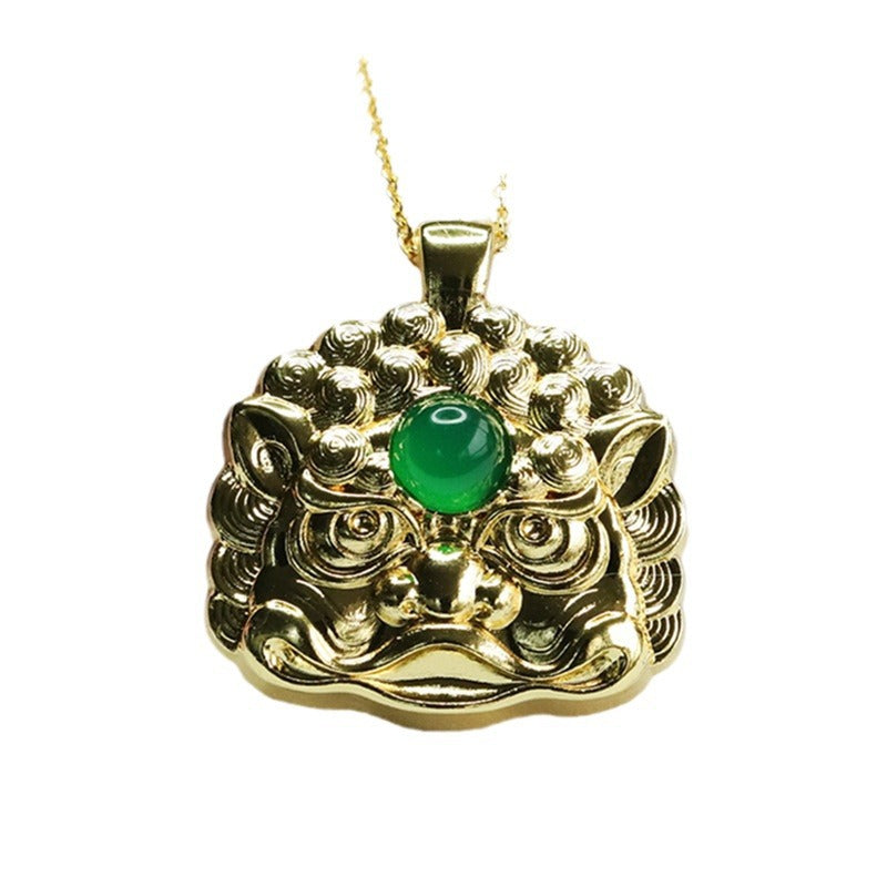 Green Chalcedony Dragon Beast Head Pendant with Sterling Silver Chain