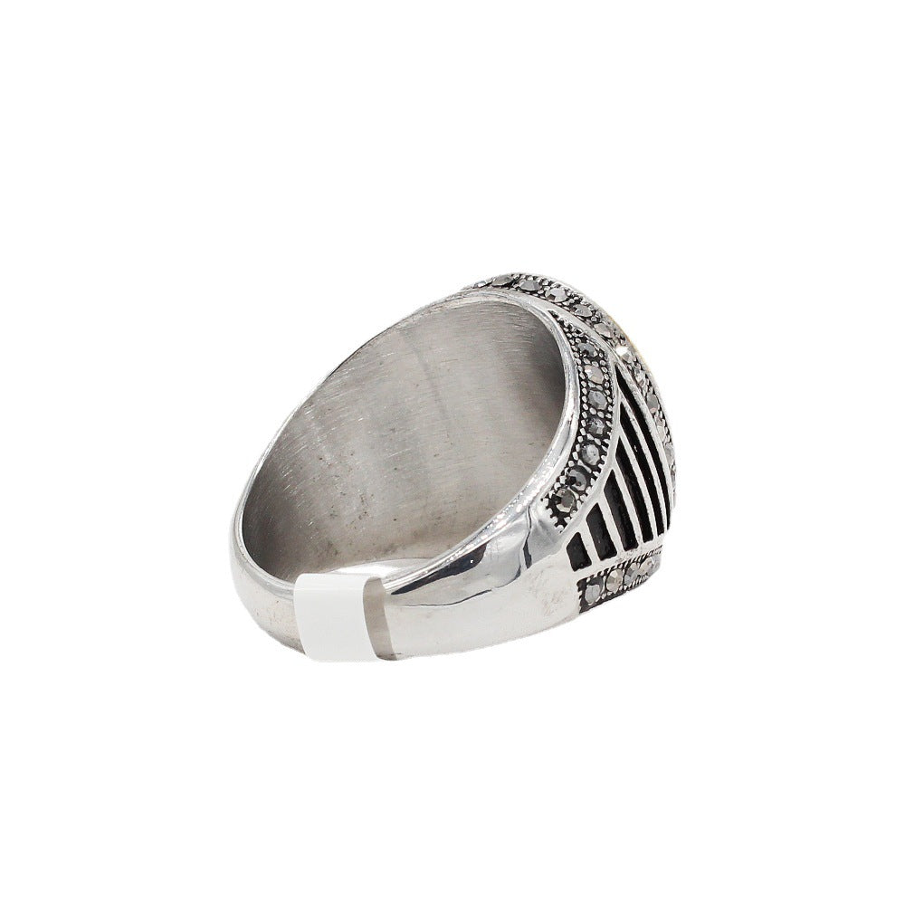 Men's Titanium Steel Crown Ring with European and American Retro Diamond Fashion