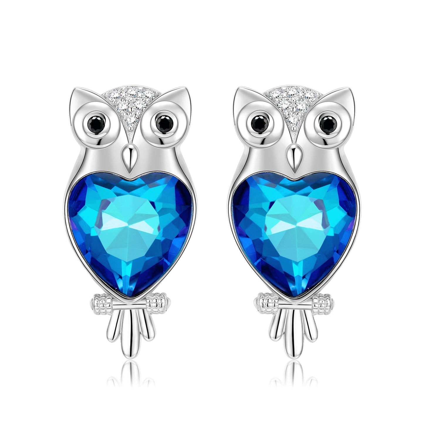 Owl Heart Shape Blue Zircon Silver Stud Earrings