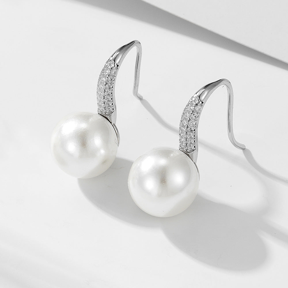 Round Pearl Zircon Sterling Silver Hook Earrings