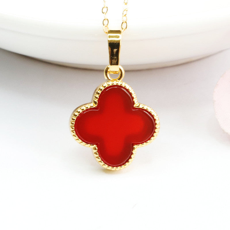 Natural Red Agate Four Leaf Grass Rose Gold Edge Pendant Jewelry