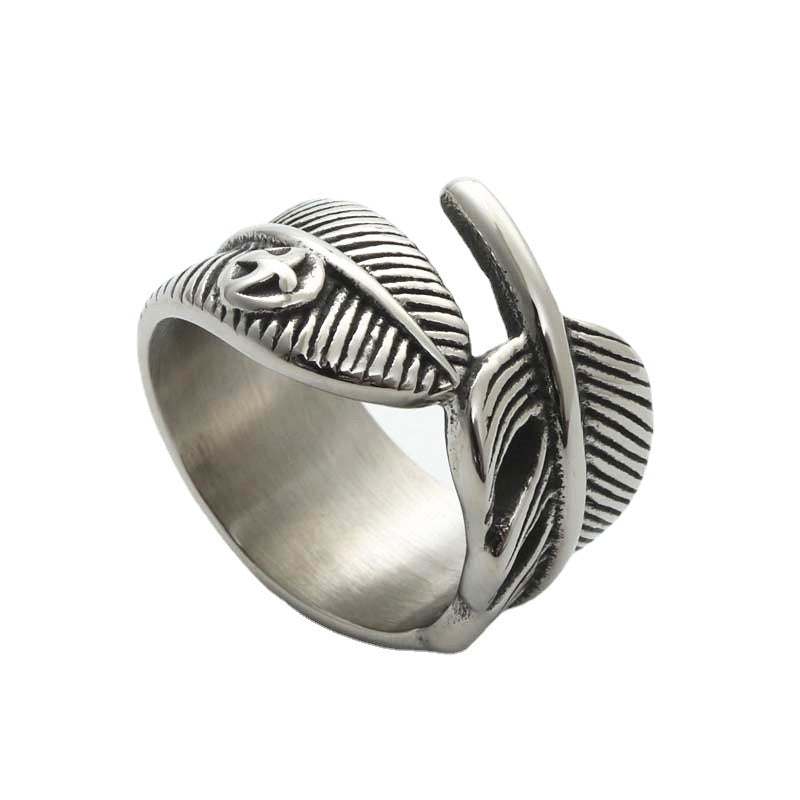 Titanium Steel Feather Ring for Men - Retro Punk Wing Design by Planderful