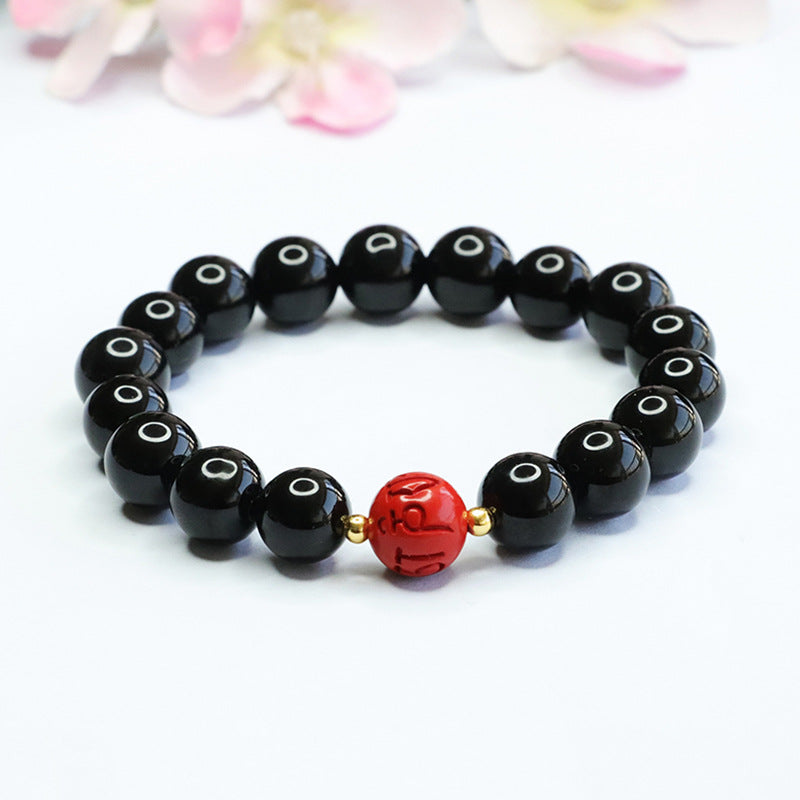 Black Agate and Cinnabar Red Sand Bead Bracelet with Six-character Proverb