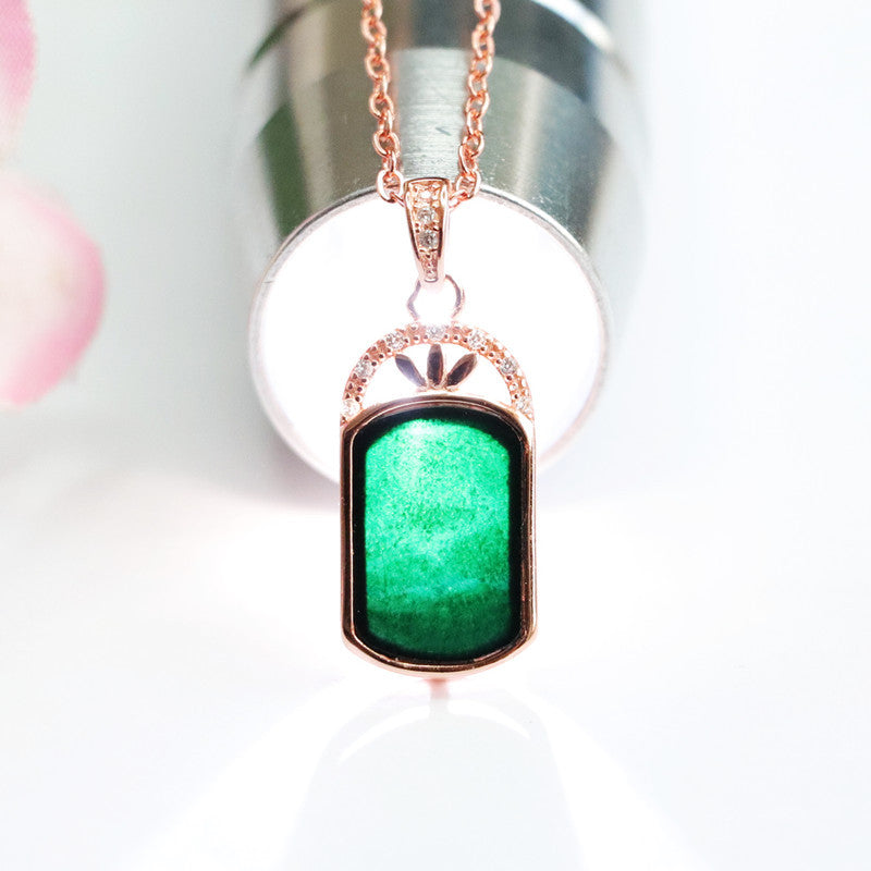 Fortunate Blackish Green Jade Pendant Necklace with Three Leaf Grass Zircon