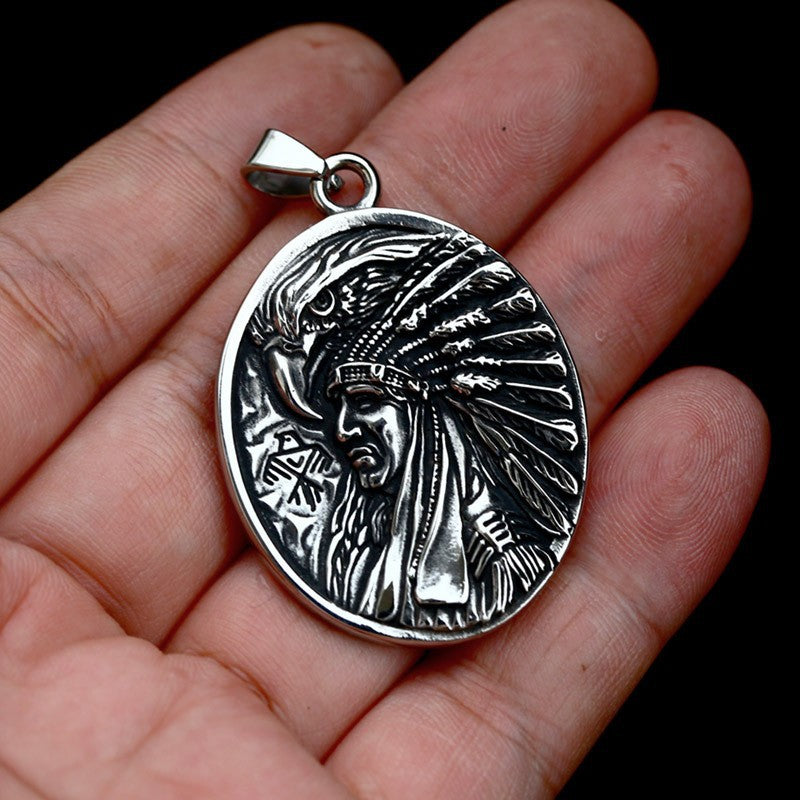 Vintage Titanium Steel Indian Chief Pendant for Men - Eagle Design Jewelry