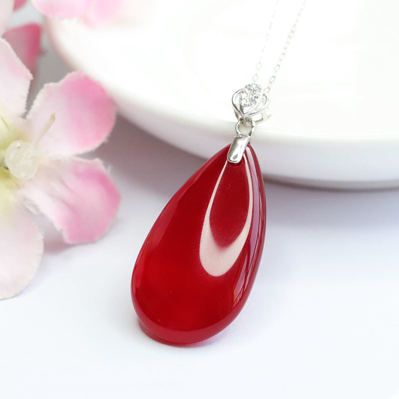 S925 Sterling Silver Natural Red Agate Droplet Pendant Necklace