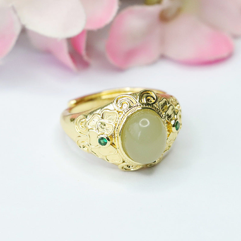 Luxurious Sterling Silver Hetian Jade Ring with Green Zircon Petals Pattern