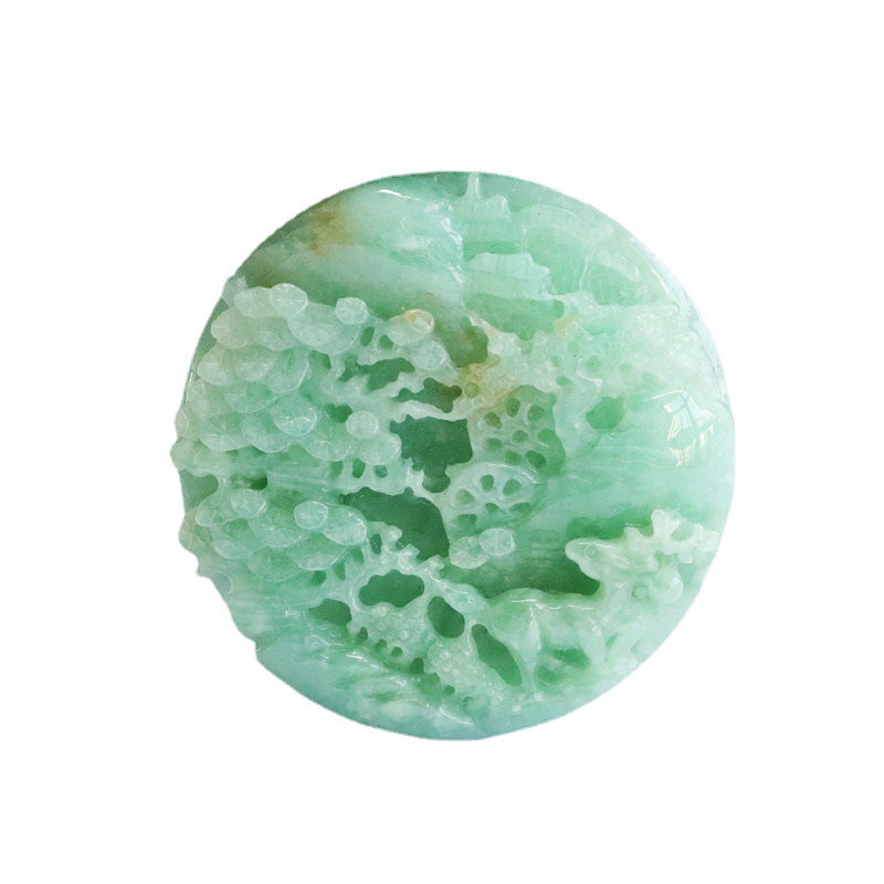 Exquisite Round Jade Pendant Featuring Full Green Relief Landscape - Fortune's Favor Collection