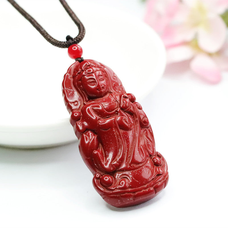 Standing Guanyin Pendant with Cinnabar Stone